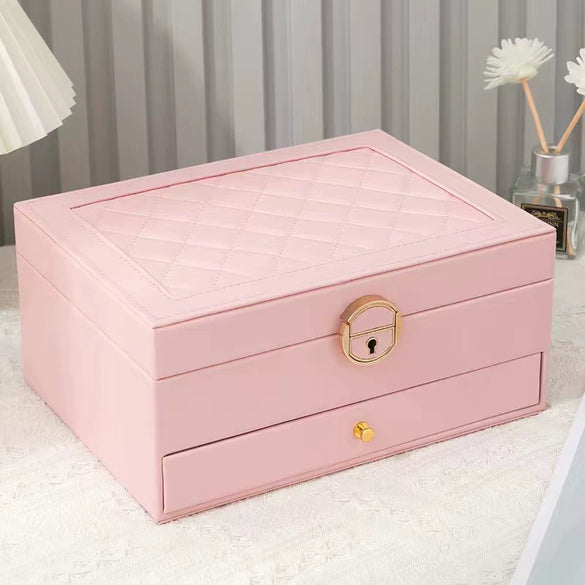 Drawer Type Leather Jewelry Box With Diamond Pattern And Lock