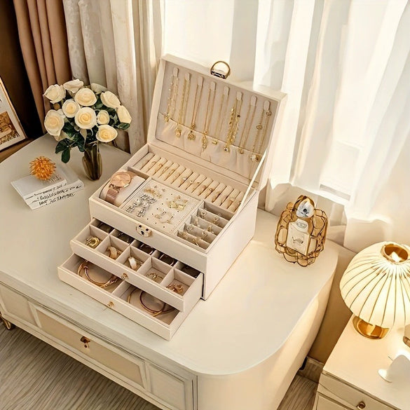 Drawer Type Leather Jewelry Box With Diamond Pattern And Lock