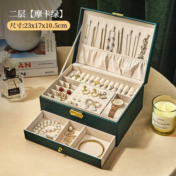 Drawer Type Leather Jewelry Box With Diamond Pattern And Lock