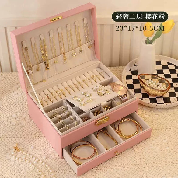 Drawer Type Leather Jewelry Box With Diamond Pattern And Lock