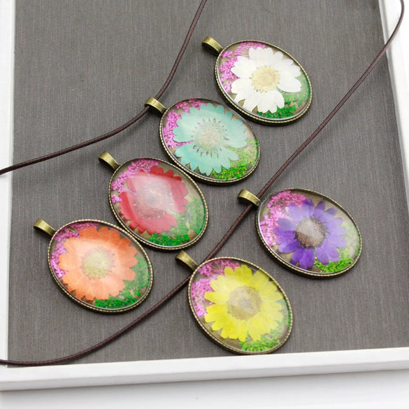 Dried Flower Necklace Glass And Glaze Pendant Pu Wax Rope Chain Drop Shape Minimalist And Geometric Style