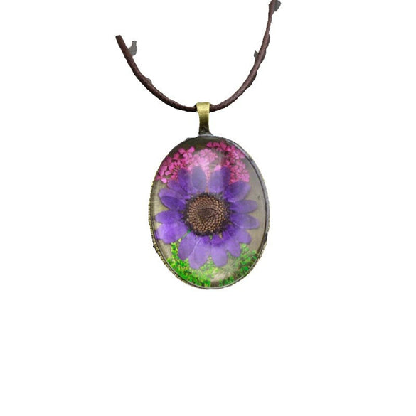Dried Flower Necklace Glass And Glaze Pendant Pu Wax Rope Chain Drop Shape Minimalist And Geometric Style