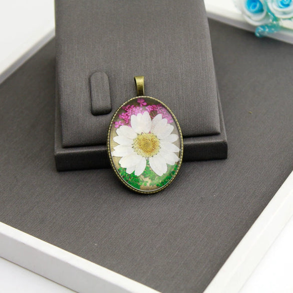 Dried Flower Necklace Glass And Glaze Pendant Pu Wax Rope Chain Drop Shape Minimalist And Geometric Style