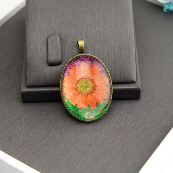 Dried Flower Necklace Glass And Glaze Pendant Pu Wax Rope Chain Drop Shape Minimalist And Geometric Style