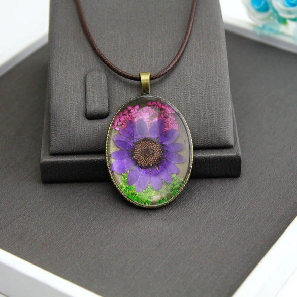 Dried Flower Necklace Glass And Glaze Pendant Pu Wax Rope Chain Drop Shape Minimalist And Geometric Style
