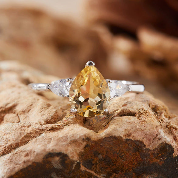 Dropshaped Citrine Amethyst Ring For Women S925 Sterling Silver Set With Crystals
