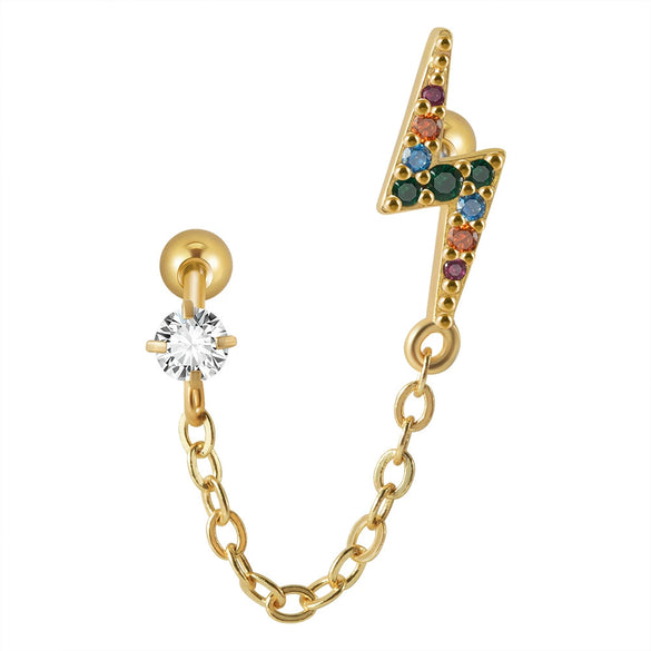 Ear Bone Stud And Chain Earrings Copper Inlaid White Blue Zircon Stainless Steel