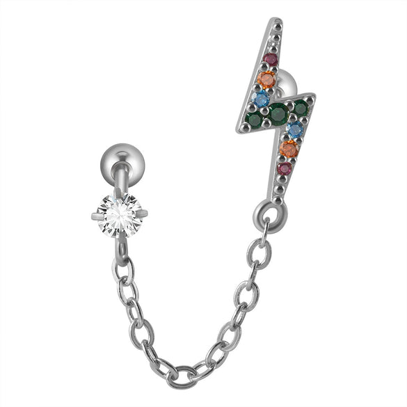 Ear Bone Stud And Chain Earrings Copper Inlaid White Blue Zircon Stainless Steel