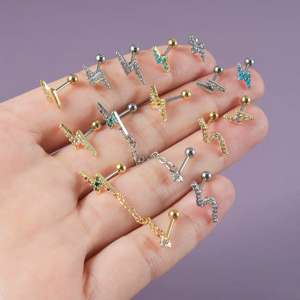 Ear Bone Stud And Chain Earrings Copper Inlaid White Blue Zircon Stainless Steel