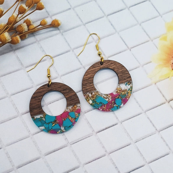 Ear Jewelry Resin Wood Multicolor Gold Foil Geometric Electroplating Earrings
