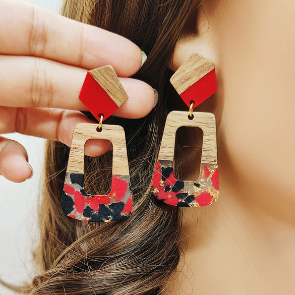 Ear Jewelry Resin Wood Multicolor Gold Foil Geometric Electroplating Earrings