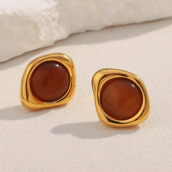 Ear Jewelry Stainless Steel 18K Gold Plated Tiger Eye Stone Geometric Style Earrings For Women