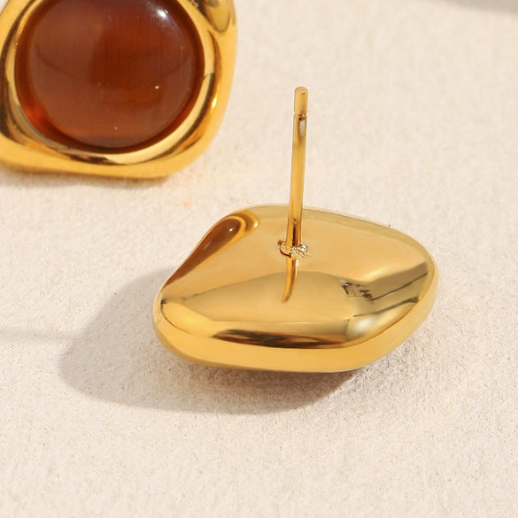 Ear Jewelry Stainless Steel 18K Gold Plated Tiger Eye Stone Geometric Style Earrings For Women
