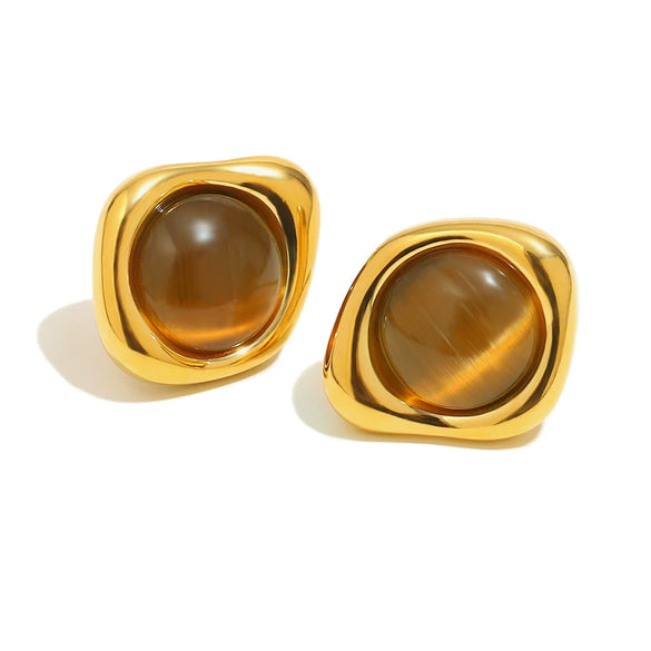 Ear Jewelry Stainless Steel 18K Gold Plated Tiger Eye Stone Geometric Style Earrings For Women