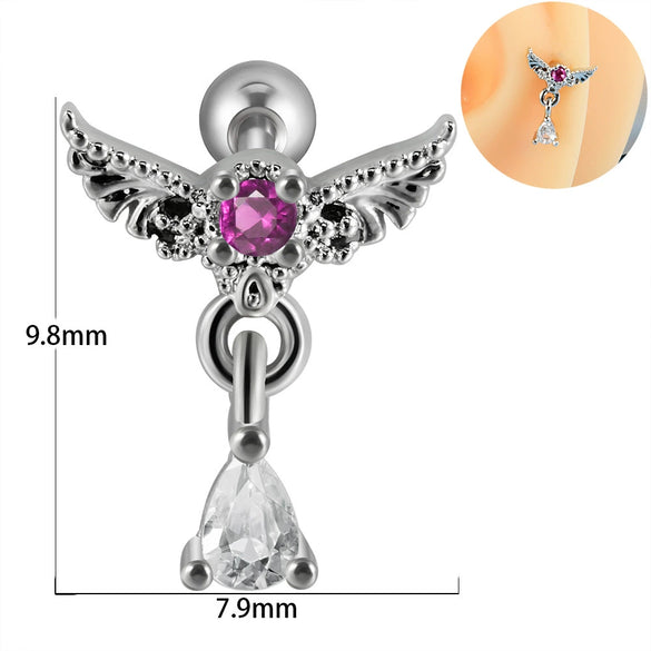 Earring Bat Wing Zircon Copper Inlaid Heart Shaped Stainless Steel Geometric Pattern