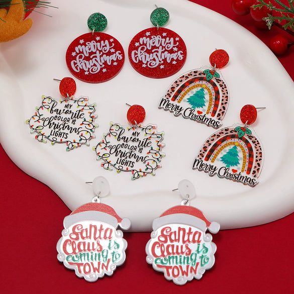 Earrings Acrylic Geometric Christmas Hat Rainbow Christmas Tree Stylish Design For Women