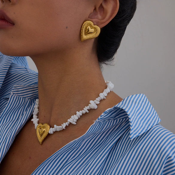 Earrings And Necklace Set Titanium Steel Stainless Steel Hammered Heart Water Drop Bell Pattern Electroplated For Women