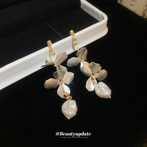 Earrings Artificial Pearl Petal Tassel Iron Handmade Flower Style