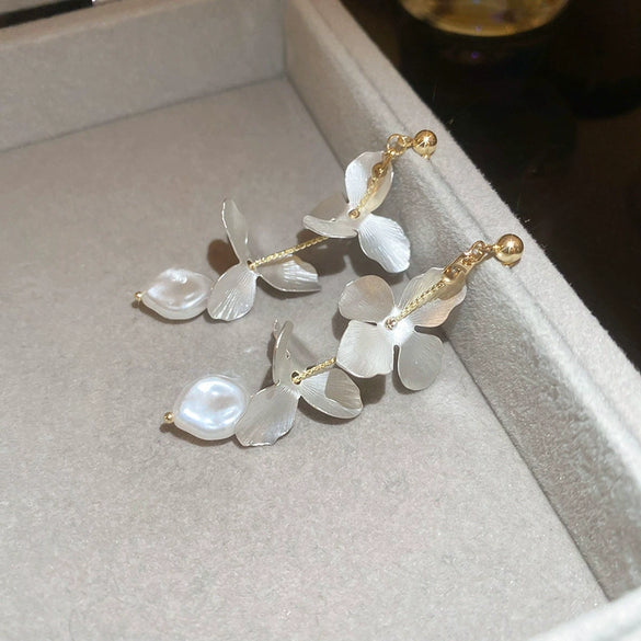 Earrings Artificial Pearl Petal Tassel Iron Handmade Flower Style