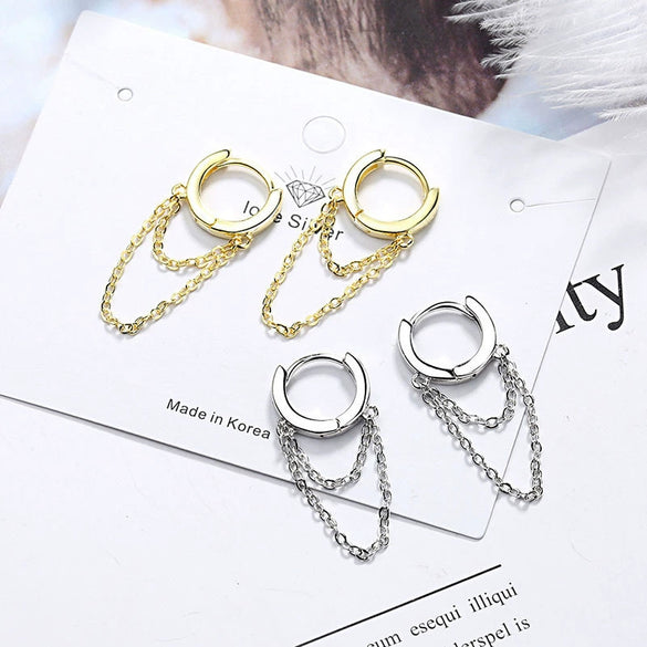 Earrings Copper Geometric Zircon Long Tassel Circle Double Chain Sweet Cool Style