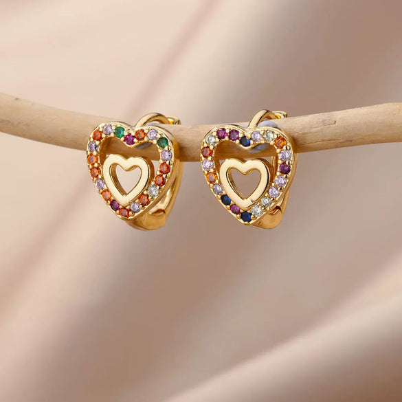 Earrings Copper Heart Cut Out Design Inlaid With Artificial Gemstones And Semiprecious Stones Electroplating Style For Girls