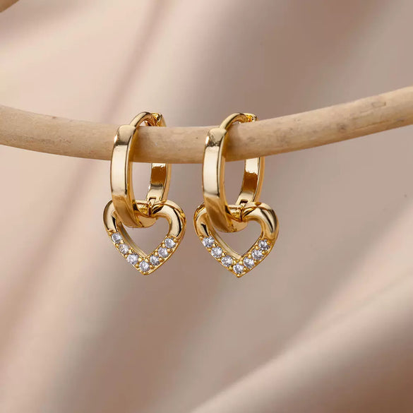 Earrings Copper Heart Cut Out Design Inlaid With Artificial Gemstones And Semiprecious Stones Electroplating Style For Girls
