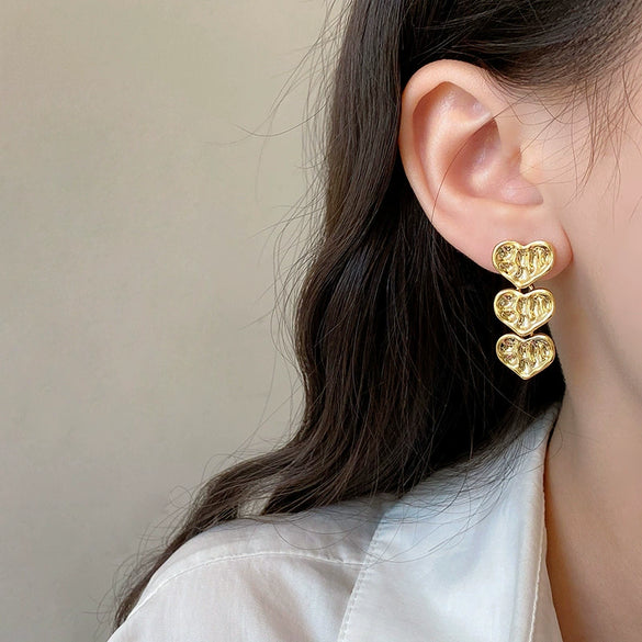 Earrings Copper Heart Shape Real Gold Plating Retro Pleated Love Stitching Women's