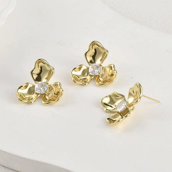 Earrings Copper 14K Electroplated Trilobate Square Zirconium Hanging Hand Made Pearl