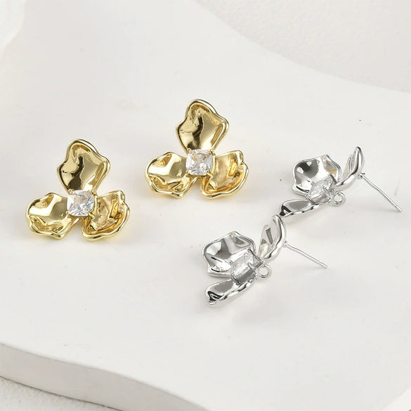 Earrings Copper 14K Electroplated Trilobate Square Zirconium Hanging Hand Made Pearl