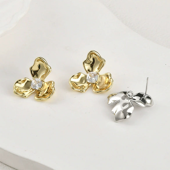 Earrings Copper 14K Electroplated Trilobate Square Zirconium Hanging Hand Made Pearl