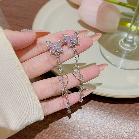 Earrings Copper Silver Needle Purple Butterfly Animal Zodiac Set With Pearls Light Luxury Highend Niche Elegant Tassel For Women