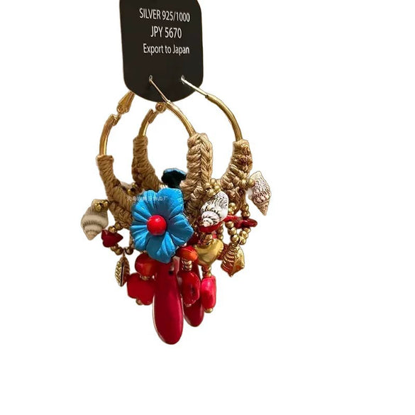 Earrings Copper Stone Hand Knitting Retro Style Silver Needle Braided Rope Flower Design