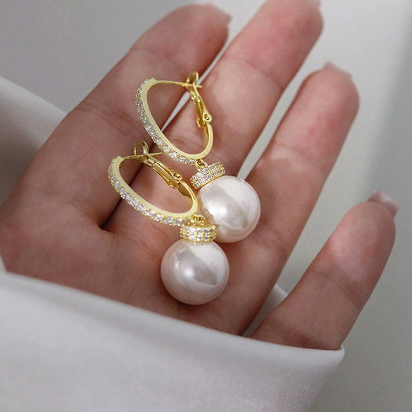 Earrings Imitation Pearl Copper Inlaid Zircon Geometric Elegant