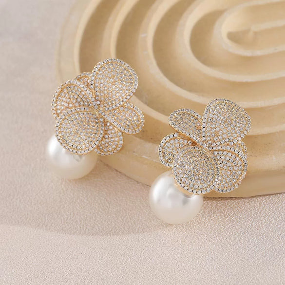 Earrings Imitation Pearl Flower Inlaid Light Luxury Elegant For Women