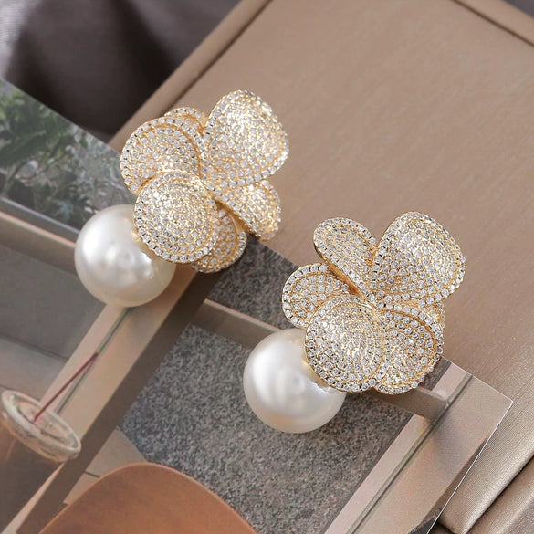 Earrings Imitation Pearl Flower Inlaid Light Luxury Elegant For Women