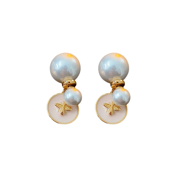 Earrings Imitation Pearls Real Gold Electroplated Silver Needle Geometric Insect Oildrip Design