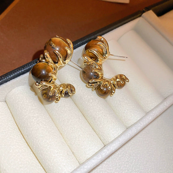 Earrings Mixed Material Geometric Silver Maillard Brown Artificial Tiger Eye Electroplating Highend