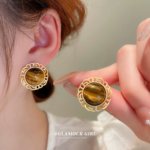 Earrings Mixed Material Geometric Silver Maillard Brown Artificial Tiger Eye Electroplating Highend