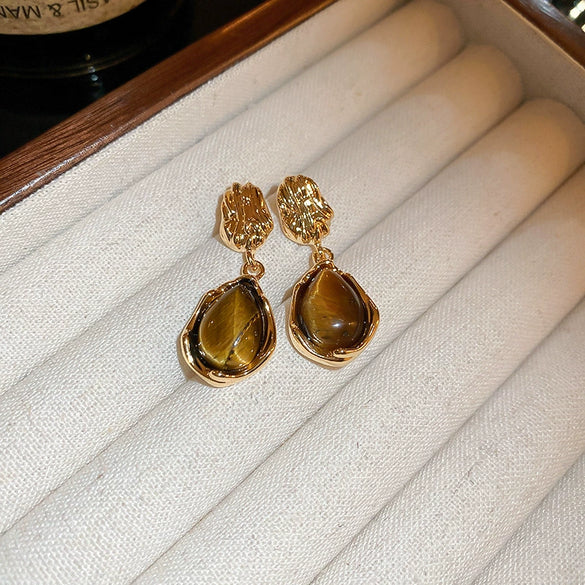 Earrings Mixed Material Geometric Silver Maillard Brown Artificial Tiger Eye Electroplating Highend