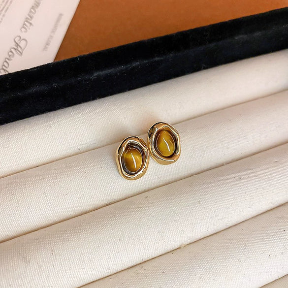 Earrings Mixed Material Geometric Silver Maillard Brown Artificial Tiger Eye Electroplating Highend
