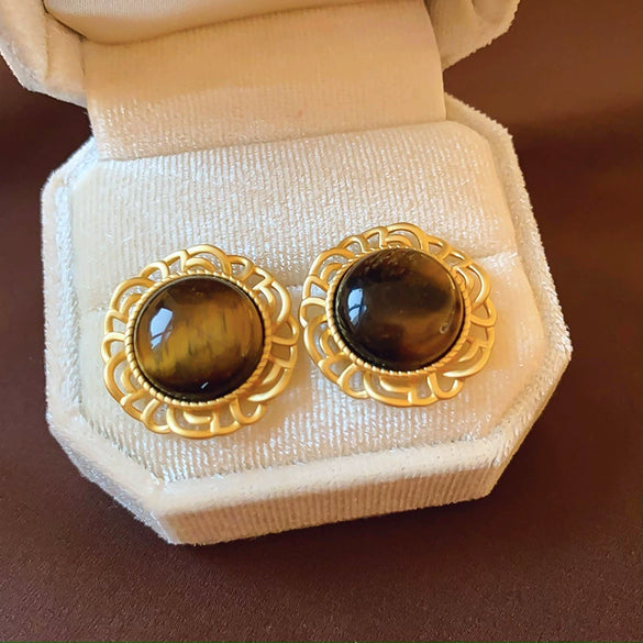 Earrings Mixed Material Geometric Silver Maillard Brown Artificial Tiger Eye Electroplating Highend