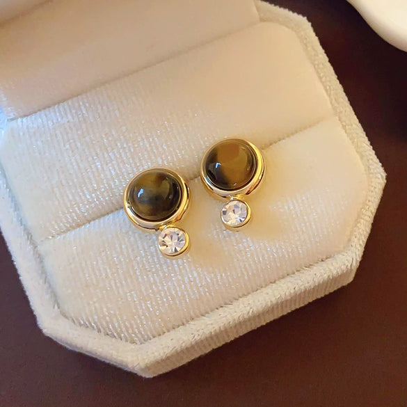 Earrings Mixed Material Geometric Silver Maillard Brown Artificial Tiger Eye Electroplating Highend