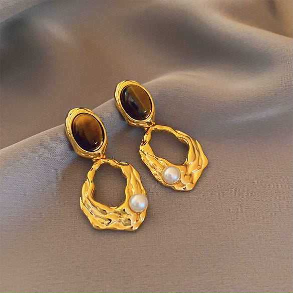 Earrings Mixed Material Geometric Silver Maillard Brown Artificial Tiger Eye Electroplating Highend