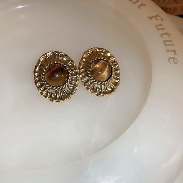 Earrings Mixed Material Geometric Silver Maillard Brown Artificial Tiger Eye Electroplating Highend