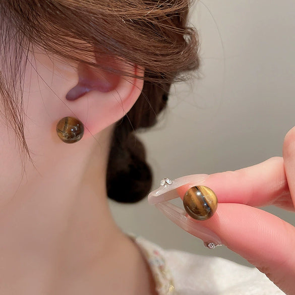 Earrings Mixed Material Geometric Silver Maillard Brown Artificial Tiger Eye Electroplating Highend
