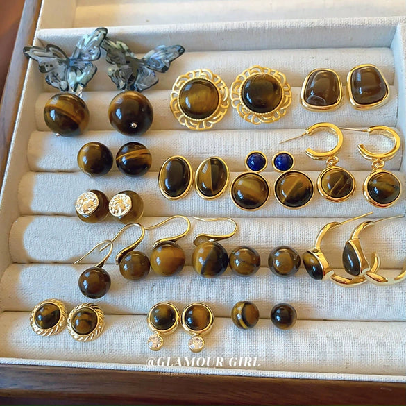 Earrings Mixed Material Geometric Silver Maillard Brown Artificial Tiger Eye Electroplating Highend