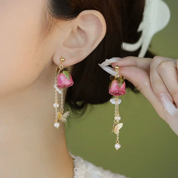 Earrings Natural Freshwater Pearl Forest Style Retro Butterfly Flower Shape Purely Handmade For Women