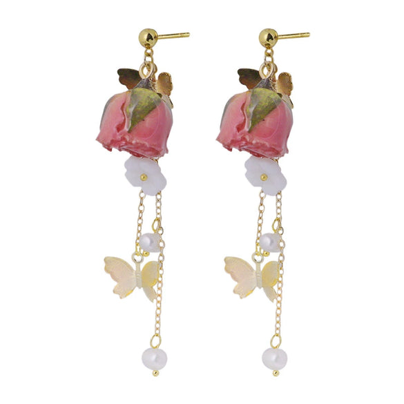 Earrings Natural Freshwater Pearl Forest Style Retro Butterfly Flower Shape Purely Handmade For Women