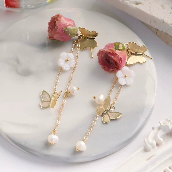 Earrings Natural Freshwater Pearl Forest Style Retro Butterfly Flower Shape Purely Handmade For Women