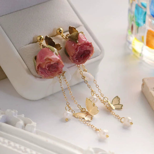 Earrings Natural Freshwater Pearl Forest Style Retro Butterfly Flower Shape Purely Handmade For Women